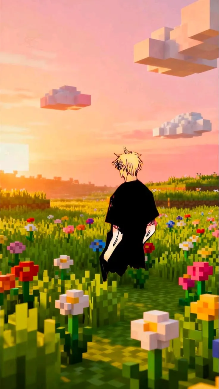 Minecraft sunset behind flowering trees